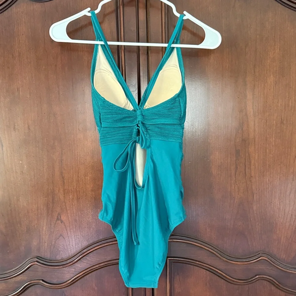 Kona Sol Teal One Piece Swimsuit Plunge V Neck Ruched Medium Coverage